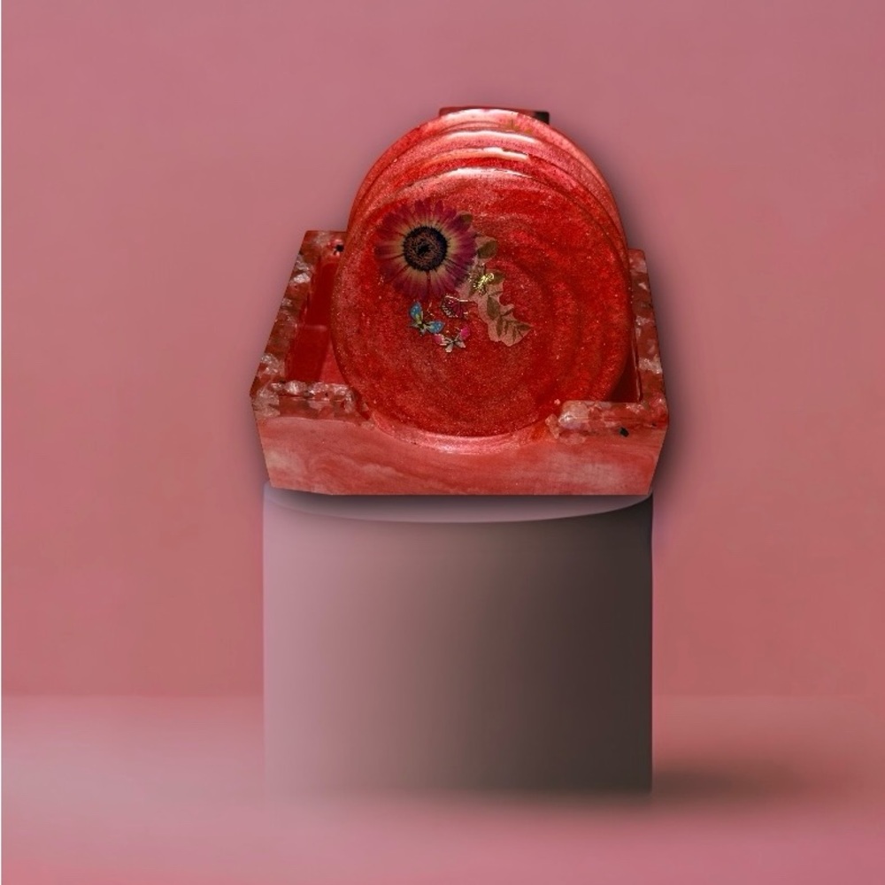 Resin Floral Pink Coaster Set